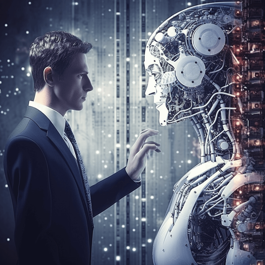 Illustration eines futuristischen Roboters und einer Person in einem Geschäftsanzug