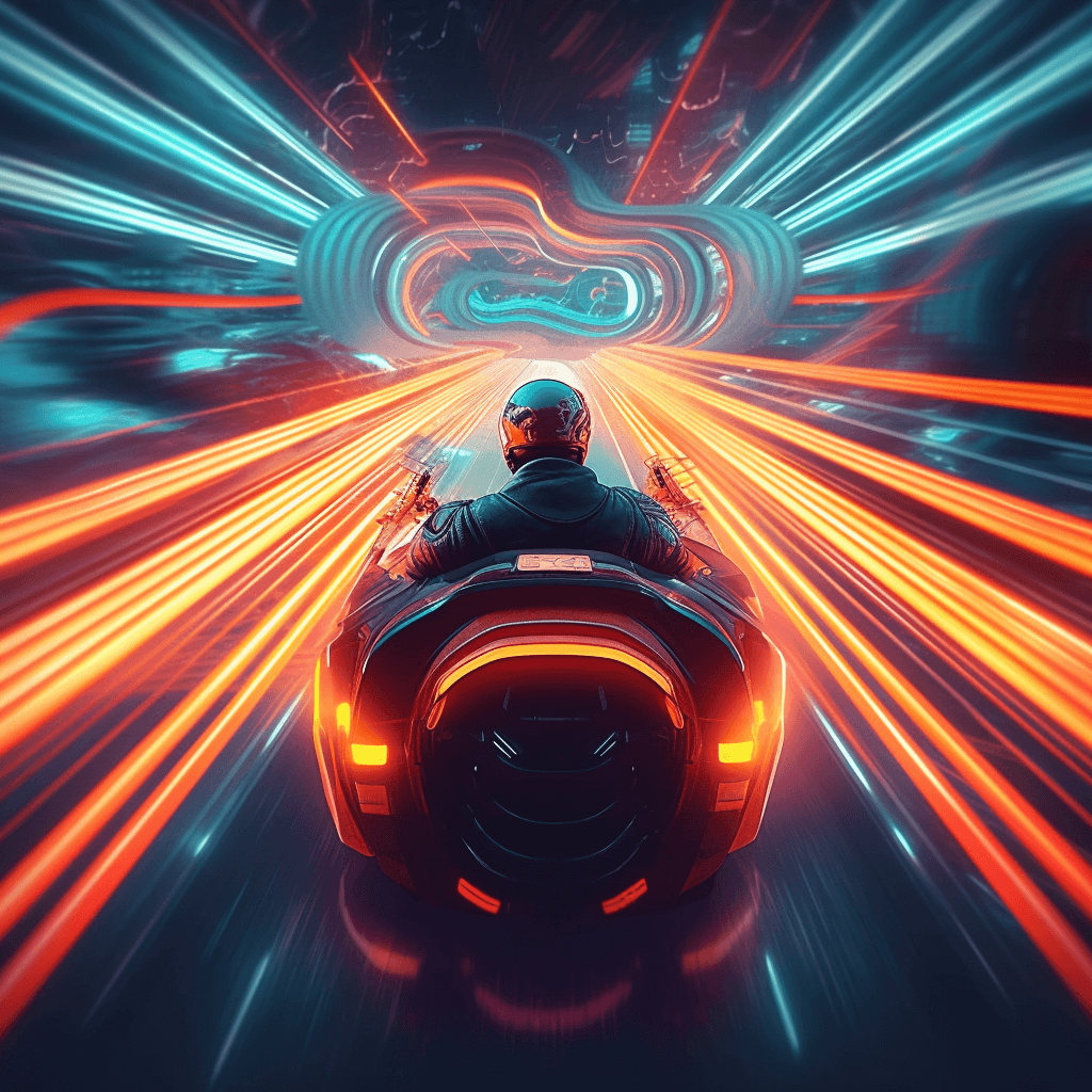 Futuristische Illustration eines Autos und eines Fahrers in einem Lichttunnel